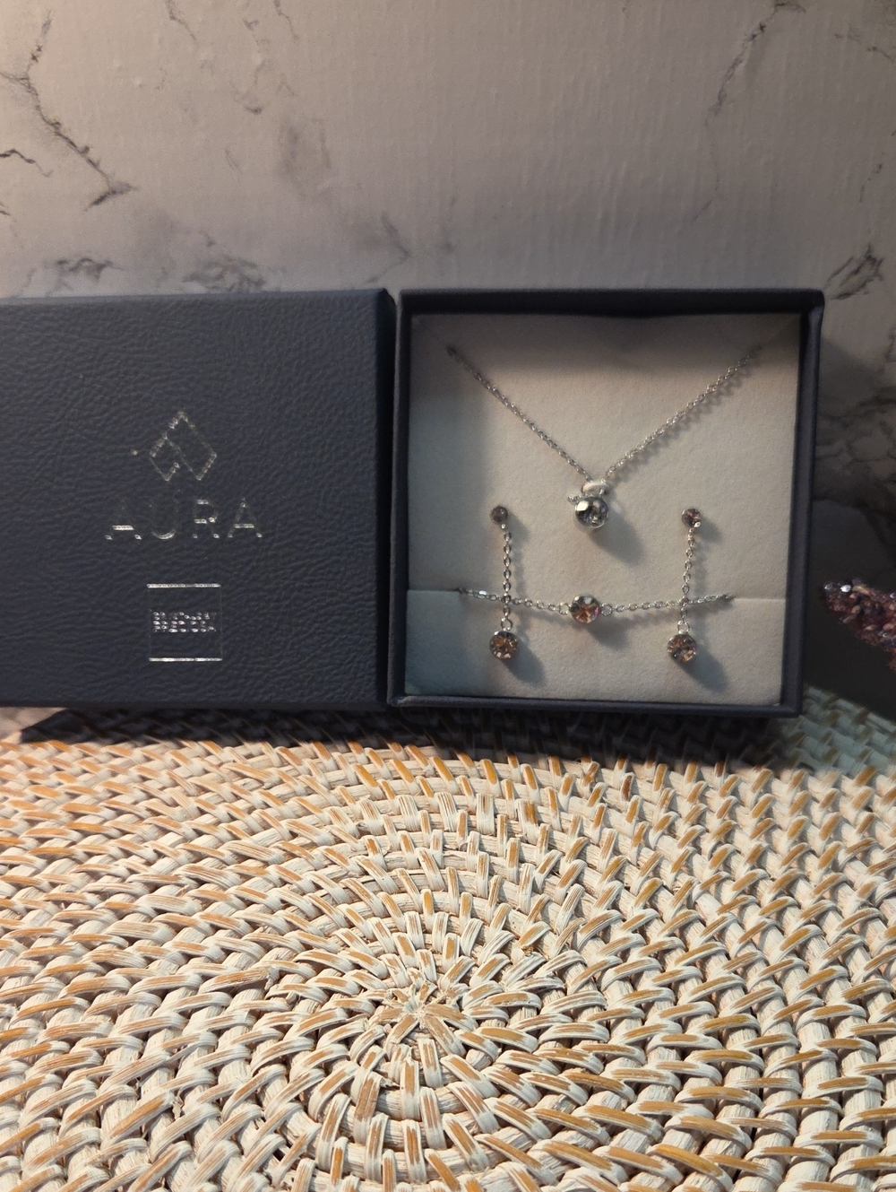 AURA Silver Necklace and Earring Set with Champagne Stones